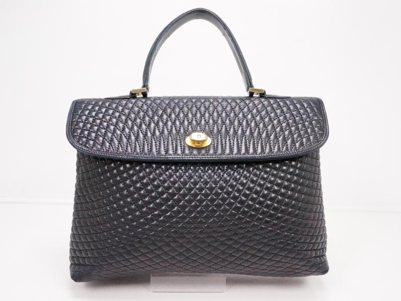 Authentic Pre-owned Vintage Bally Navy Quilting Leather Hand Bag 210045