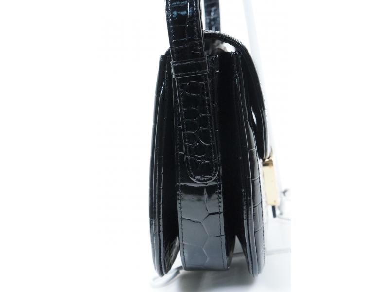 Authentic Pre-owned Celine Vintage Black Crocodile Skin Horse Carriage Shoulder Bag Italy 193004