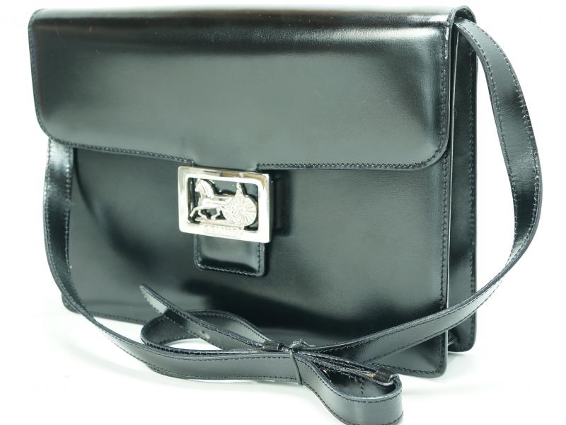 Authentic Pre-owned Celine Paris Vintage Black Leather Horse Carriage Shoulder Bag Italy 132989