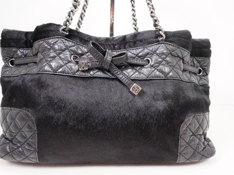 Authentic Pre-owned Chanel Black Quilted Lambskin Matelasse Pony Hair Chain Shoulder Tote Bag 210042