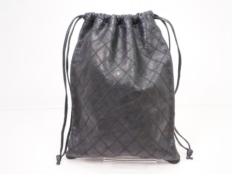 Authentic Pre-owned Chanel Black Bicolore Lambskin Leather Drawstring Bag Purse Pouch 210038